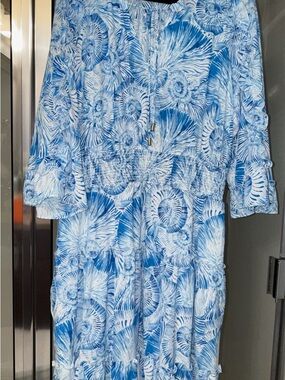 Chico's White and Blue Swirl-Print Tiered Dress